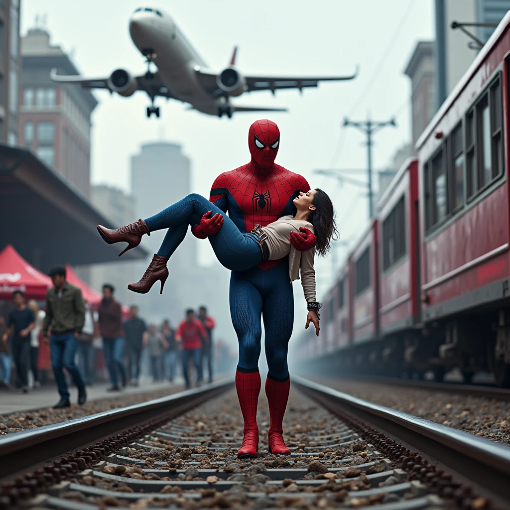 The image shows the Spiderman carrying an unconscious or injured woman while standing on train tracks in a cityscape. Behind him, there's a high-speed train and a jet flying overhead. The scene is chaotic, with people in the background running away in panic. This is another digitally manipulated or AI-generated image, blending superhero elements with a dramatic, action-packed setting. The Spiderman, with his immense strength and iconic Red appearance, is depicted as a protector or savior in a dire situation.