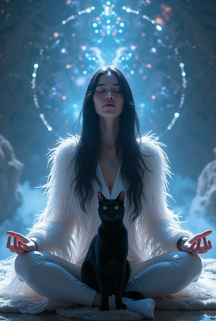 (masterpiece:1.2),Highest quality ,(meditation:1.1), cyber punk, alone,足を組んでmeditationする,Long black hair, In front of the shining universe, Dynamic Action,Feather coat,transparent,close your eyes,smile, With a walking black cat