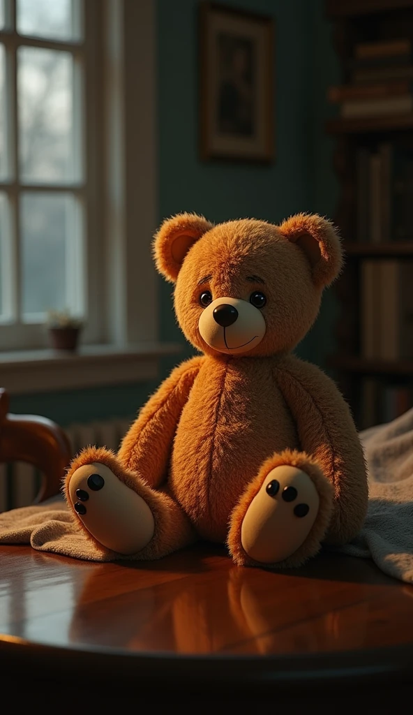 A teddy bear on a table in a room at night.  
