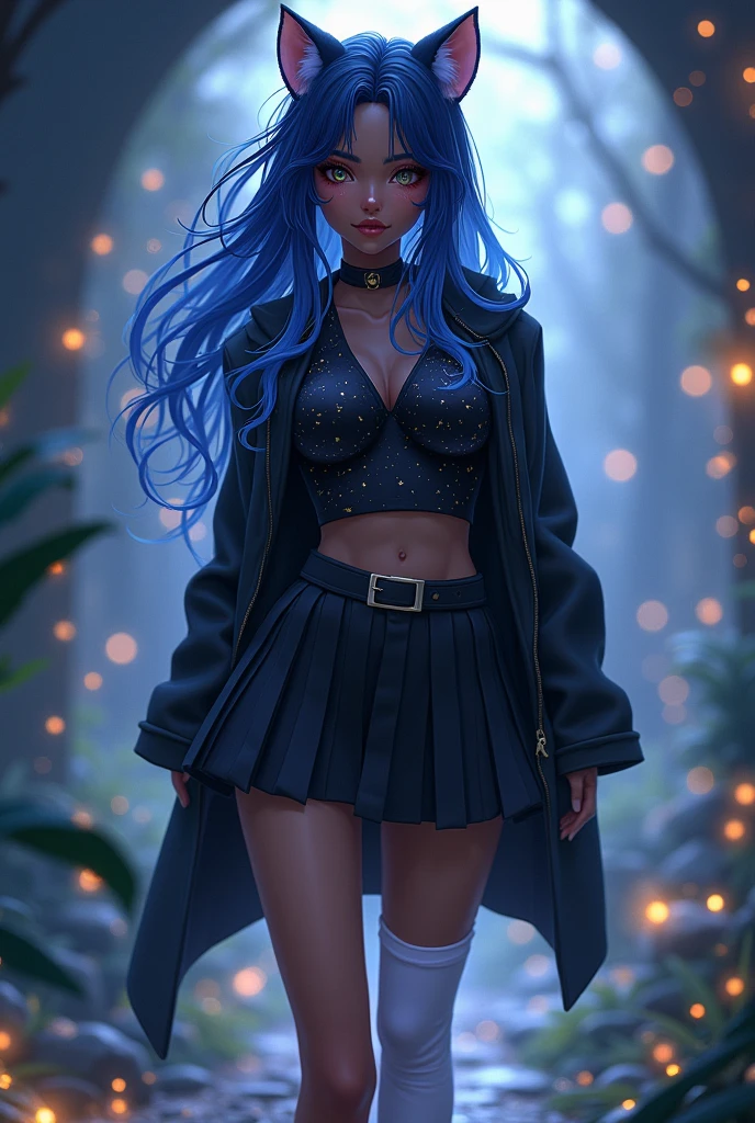 A woman with black skin color, feline style, fantasy and mystical, 3d image, アニメ, with feline eyes with long wavy hair of a mixed blue color and with panther ears wearing a black jacket with a short blouse printed with shiny stars and a short black pleated skirt , white knee-high socks and black high heels