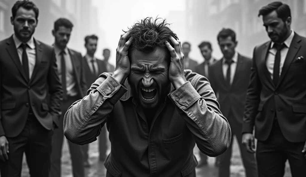 A twisted dramatic scene from A person who never succeeds in his job, desperate with his hands on his head screaming, wearing poor clothes, successful people wearing suit and tie around, the whole scene in black and white the highlighted character in color.