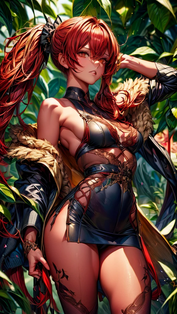 (detailed background,dark fantasy),(beautiful detailed face),(1 girl,solo,red hair,sharp face,low twintails,golden eyes,hair between eyes,dynamic angle),full body,bow,archer,flying arrows,genshin impact,Yoimiya