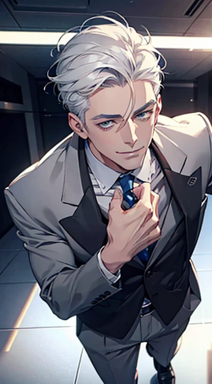 a mature man with short grey white hair, blue eyes, 31 years, and a perfect face, smiling in love, CEO, cinematic lighting, 1:4 HDR image, top view, ultra detailed, best quality, masterpiece, 8K, photorealistic, beautiful image