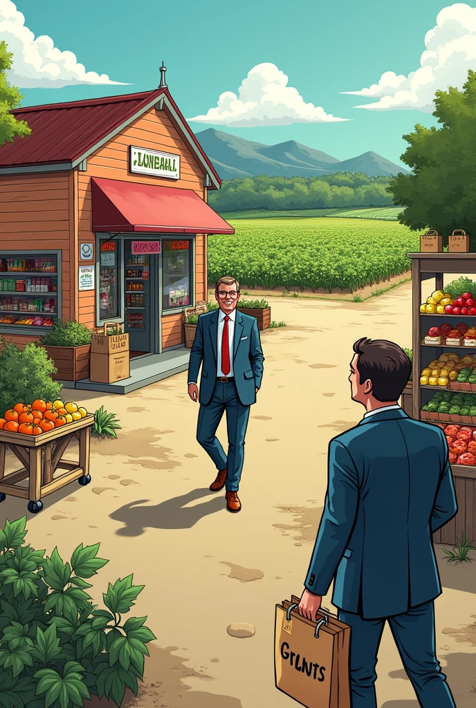 Create a comic with easy drawings with frames based on this; 
Title: “The Magic Subsidy” 1. Introduction Panel 1:
Description: Vibrant town with a grocery store and a farm.
Text: “In Economic City, The State and the Market have important roles.”
Panel 2:
Description: the state, with a formal suit, holding a bag of money labeled “Grants”.
State Dialogue: “I&#39;m going to help reduce the cost of food!”
2. The Subsidy in Action Panel 3:
Description: the state coloca un letrero en la tienda que dice “Descuento del 20% in commodities”.
Text: “The subsidy reduces the price of food.”
