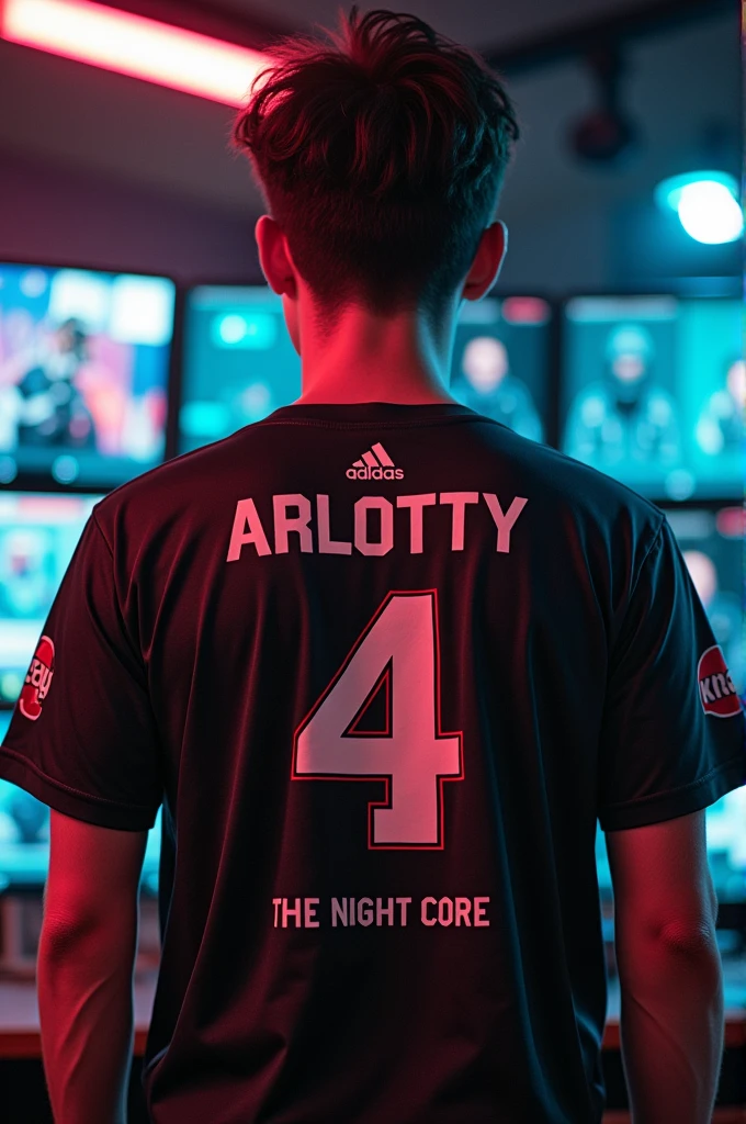 Make a Japanese 1 wearing a squad tshirt with his nickname 'Arlotty' on it and his squad or team for eSport "The Night Core' and put a logo