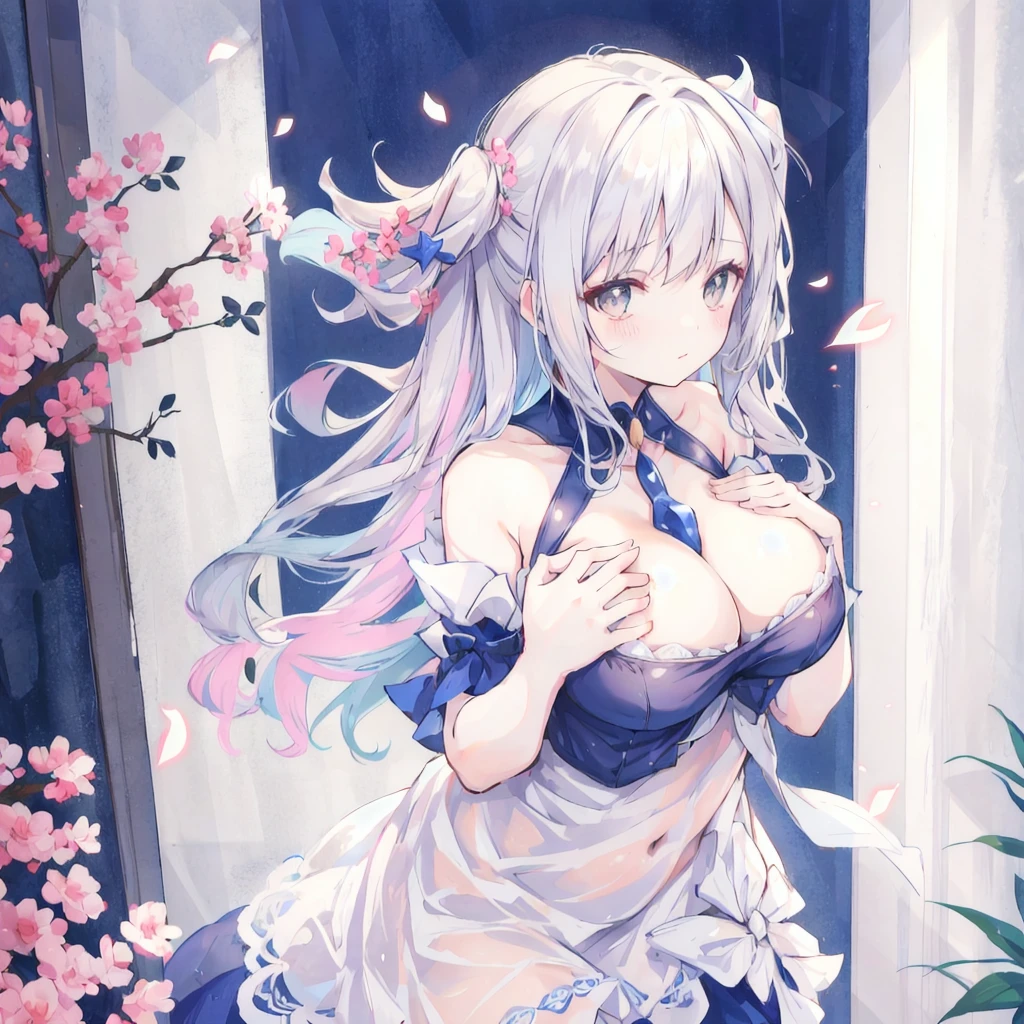 Bare shoulders,Plump breasts,Hands on chest,cute
