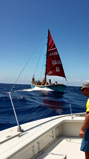 Three men on a tuna boat hunting a giant shark.