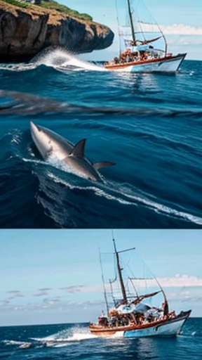 Three men on a tuna boat hunting a giant shark.