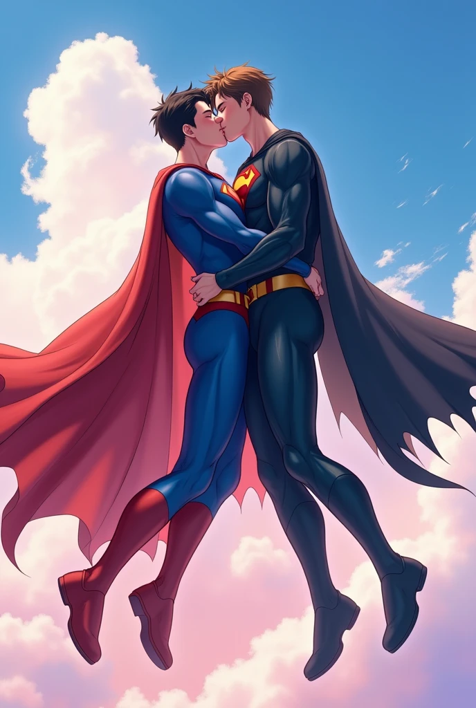 Two boys one is dressed as superman and the other is dressed as Batman they are kissing each other the boy who is dressed as superman is holding the boy who is dressed as Batman they both are flying in a beautiful sky they are kissing each other pionately the image has to be in anime