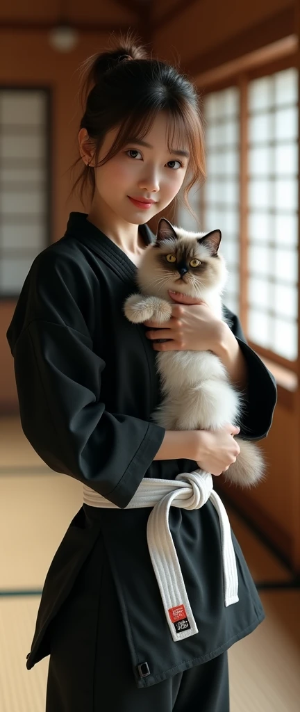 ((photogenic, photographic)), hold cat, (hold Persian cat, blue eye, shot hair), Front view , Full- body, beautiful Japanese, 1, (Light brown hair, short pony tail , Brown fringe eyes, Beautiful Lips, smile), (middle Breasts, middle Hips) ,((Karate clothes, Karate underwear, Black obi)), (White underwear:1.5), At the Karate Dojo, Standing on tatami mat, Textured skin ((Surrealism, Fujicolor, Fujifilm, UHD, retina, masterpiece, accurate, anatomically correct, textured skin, super detail, high details, high quality, best quality, 8k))