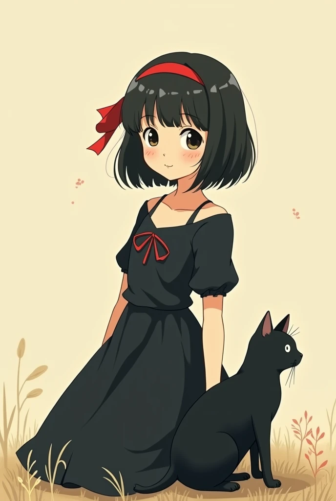 Anime scene of a woman with a cat, Kiki's Delivery Service, Ghibli anime style, by Miyazaki, Ghibli anime style style, Miyazaki anime films, Miyazaki Movies, Studio Ghibli Anime, スタジオジブリMiyazaki Movies, Studio Ghibli Animeーション, Ghibli anime movie simple background, Simple eyes、The cat is black、Faint Lines、Black Hair, Bob、Ghibli-style colors, Headbands with red ribbons、Black dress.Simple eyes、black eye、Ghibli-style eyes、The Little Prince painting style、Don't make your eyes sparkle、Illustrated style illustration, Alphonse Mucha,