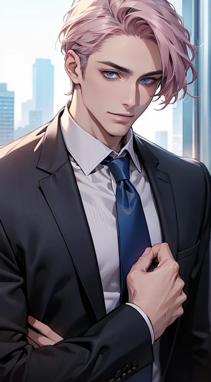 (Highest quality,4K,8K,High resolution,masterpiece:1.2),Super detailed,(Realistic,photoRealistic,photo-Realistic:1.37),1 personld,Mature Men,Beautiful skin、very handsome,Expressionless,smile,Short gray pink hair,blue eyes,Sharp Eyes,A perfect face without a doubt,Businessman,Office Background,Cinema Lighting,HDR image,tie、