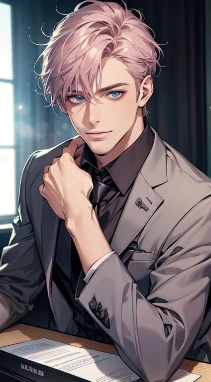 (Highest quality,4K,8K,High resolution,masterpiece:1.2),Super detailed,(Realistic,photoRealistic,photo-Realistic:1.37),1 personld,Mature Men,Beautiful skin、very handsome,Expressionless,smile,Short gray pink hair,blue eyes,Sharp Eyes,A perfect face without a doubt,Businessman,Office Background,Cinema Lighting,HDR image,tie、