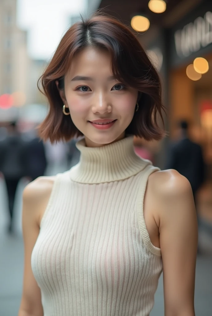 (highest quality、table top、8k、best image quality、Award-winning work)、one beautiful woman、2、alone、perfect beautiful composition、perfect fit、(Full body photo:1.1)、(emphasize body line:1.2)、(Perfect and bright turtleneck sleeveless knit sweater dress:1.2)、(Perfect and precise turtleneck sleeveless knit sweater dress:1.1)、(very big breasts:1.1)、slender body、(elegant straight short hair:1.1)、smile looking at me、(Strongly blurred background of the shopping street in front of the station:1.1)、Standing gracefully、natural makeup、Ultra high definition beauty face、ultra high definition hair、Super high-definition sparkling eyes、(Shining ultra-high definition beautiful skin:1.1)、Super high resolution glossy lips、accurate anatomy、ultra high definition hair、(closed lips:1.1)、(very bright and vivid:1.2)