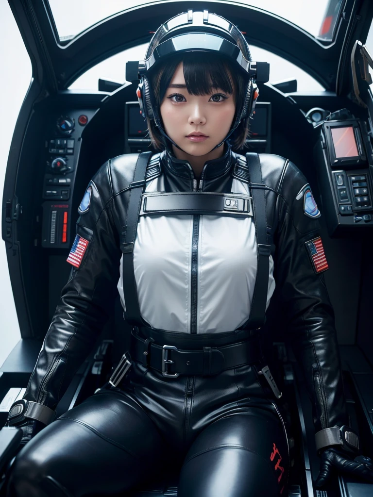 masterpiece, Highest quality, Very detailed, Japanese Android girl,Plump,Slightly thicker,Control panel,Android,cyborg,Blunt bangs,sitting in the cockpit of a fighter jet,Black combat uniform,Harness Belt,Helmet