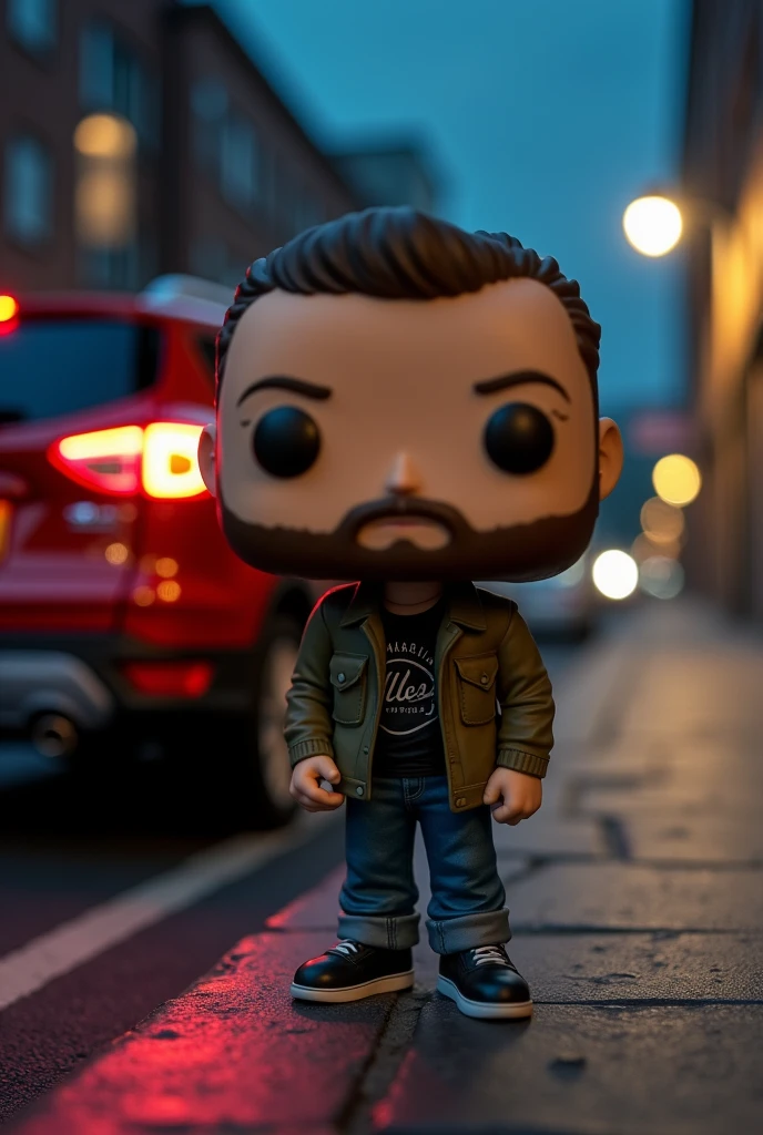 Create a funko pop of a 2 boy with a goatee and a bit of a mustache with a chain that also shows a gray Ford Kuga from 2013 and a street in the background at night so the car can be seen well. 

