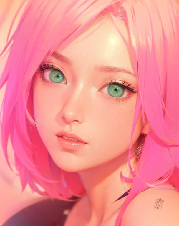 young woman, peach skin, short pink hair, wide forehead, big green eyes, buttoned nose, big pink lips, slender body, small breasts, medieval period clothing, deep neckline, Sakura Haruno, 3d
