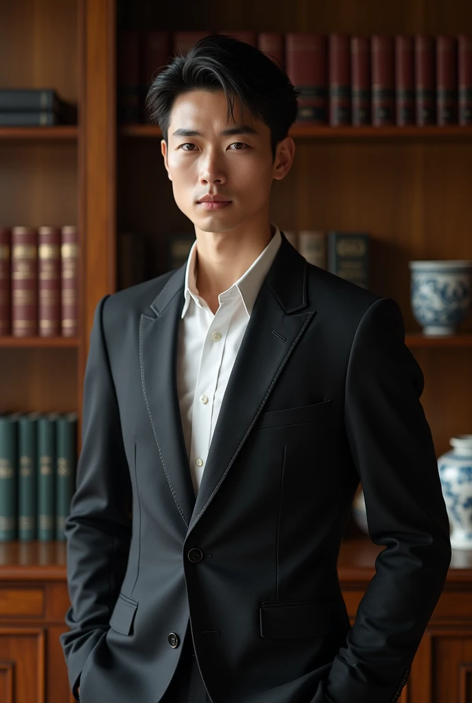 Portrait of 20 year old Japan man in autumn smart business style/Winters. Dressed in an Armani charcoal gray tailored suit, White dress shirts, Black Silk Tie, and black leather brogue. The appearance is elegant and sophisticated.　Autumn Smart Business Hairstyles/Winters. Proper, Comb-back appearance with strong hold, Give a mature and confident appearance.