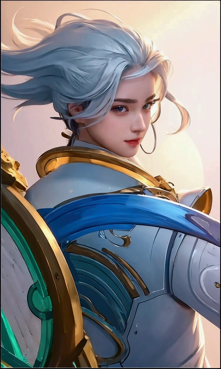 (masterpiece, best quality),  intricate details,
1girl,    riven \(league of legends\), folded ponytail, short dress, coreset, single pauldron, white hair, black eyeshadow, bare shoulders,yellow eyes, sun and shadows color background,cloud,colorful,starry,stars