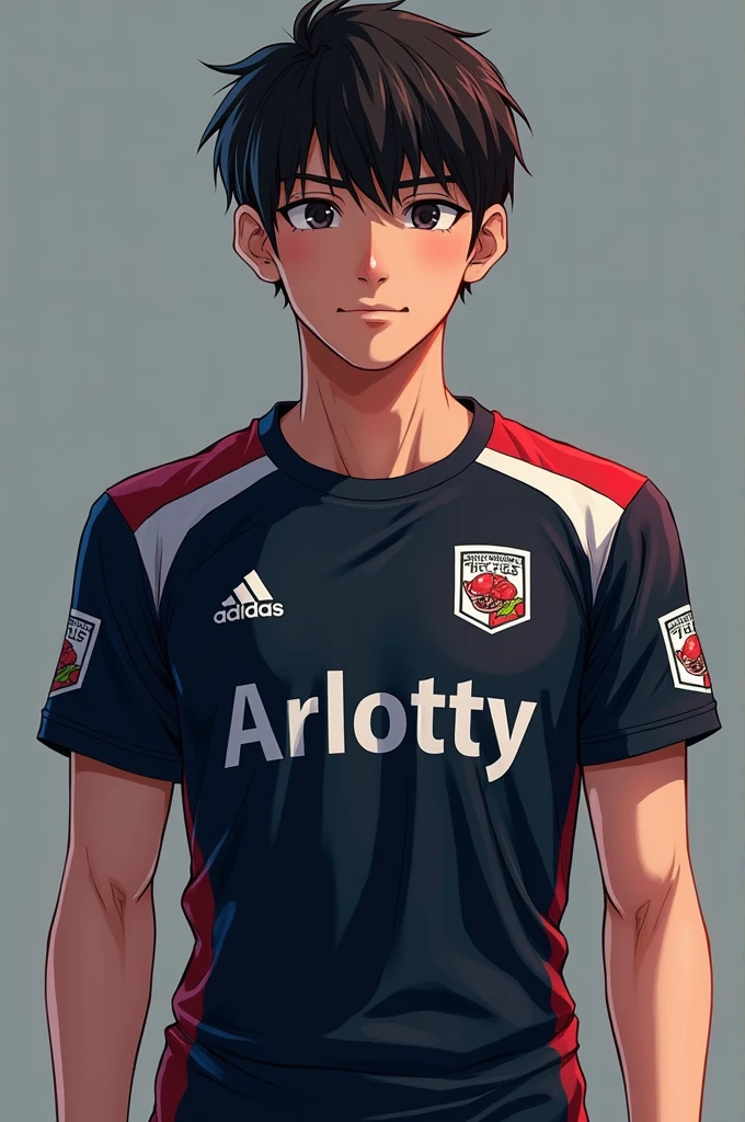 Make a Japanese 1 wearing a squad tshirt with his nickname 'Arlotty' on it and his squad or team for eSport "The Night Core' and put a logo. No numbers