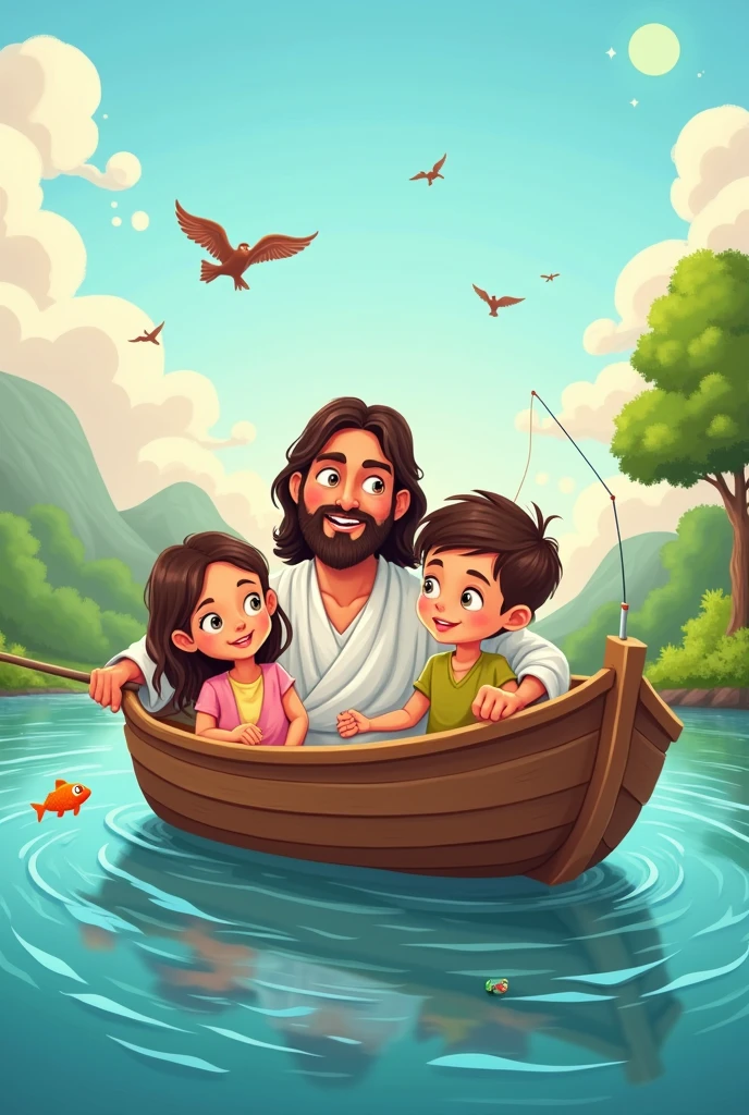 Cartoon of Jesus with a girl and a boy fishing in a boat and fish