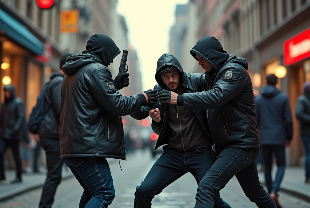 robbers robbing another person, on the street, during the day