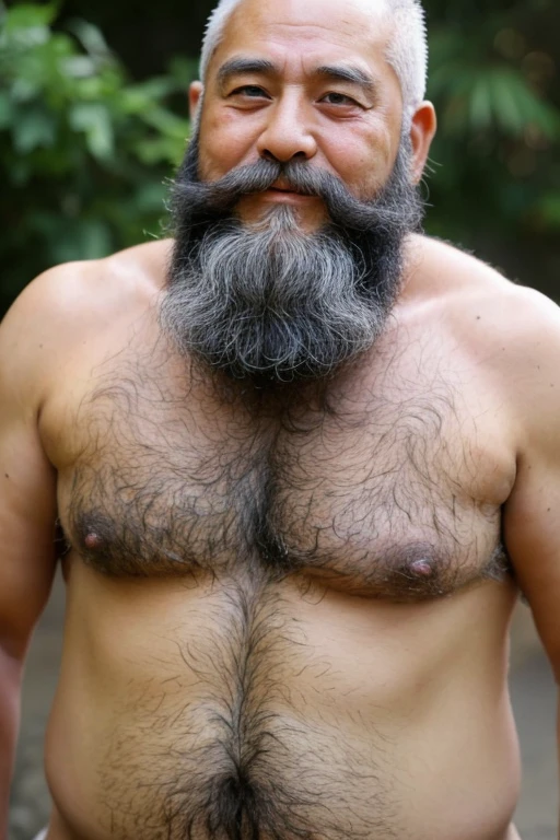 Japanese old man　2 people　Gray Hair　Skinhead　Long Beard　Bushy, thick chest hair　Very large nipples　Bushy armpit hair　Naked　Hairy whole body photo　Normal body type　Feeling facial expression