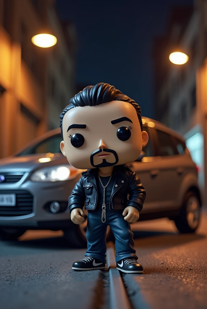 Create a funko pop of a 2 boy with a goatee and a bit of a mustache with a chain that also shows a gray Ford Kuga from 2013 and a street in the background at night so the car can be seen well. 

