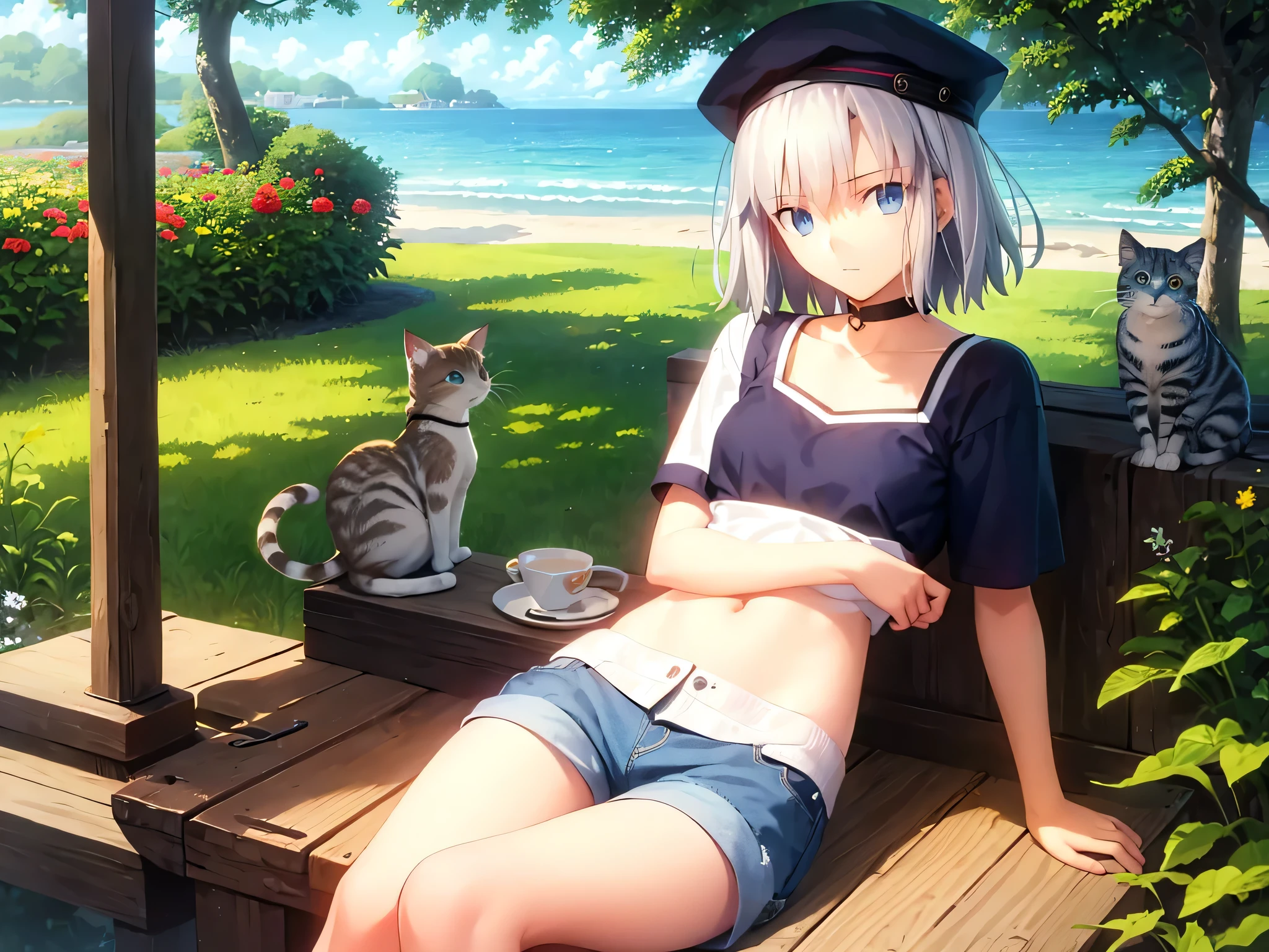 Highest quality、masterpiece、One person、、Short silver hair、Blue eyes、Cat knit hat、Short sleeve、Shorts、writer、nature、Study