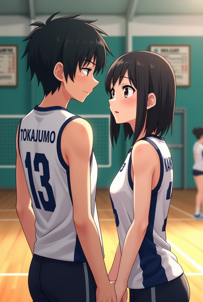 Make a brunette girl with shoulder-length black hair and light brown eyes and she is thin but not too thin and she is Tsukishima Kei's girlfriend and she is from Karasuno and they are in the Karasuno gym haikyu