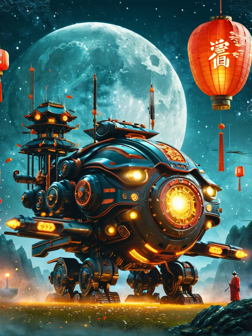 Create a Mid-Autumn Festival poster with a futuristic sci-fi mechanical fantasy，(By Mooncake，The composition of the mechanical Chang&#39;e in Guanghan Palace:1.6)，(Dotted with osmanthus and osmanthus)，嫦娥有长长的White hair，blue eyes，The body is silver，Wearing a white Hanfu dress，A blue belt is tied around the waist，Standing in a futuristic Mid-Autumn Festival background，The background is blue，There are blue lights on her and in the background，There&#39;s an energy field around her.，This image is very detailed and realistic，((girl，Hanfu mecha))，Broken armor，Mechanical Halo，Robotic Arm，White hair，Long hair，Ceramic body，Thigh gap，Network Background，Extremely detailed city，(Translucent body)，(Reflective Skin)，8k，Best quality，Ultra Detailed，(Surrealism:1.4), [colorful explosion psychedelic paint colors:1.21], (sharp:0.7), amazing fine detail, Nikon D850 film stock photograph Kodak Portra 400 camera f1.6 lens, rich colors, lifelike
