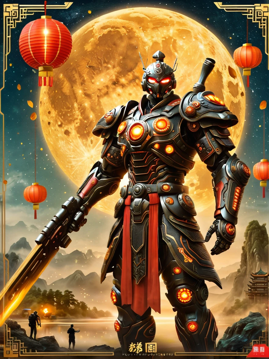 Create a Mid-Autumn Festival poster with a futuristic sci-fi mechanical fantasy，(By Mooncake，The composition of the mechanical Chang&#39;e in Guanghan Palace:1.6)，(Dotted with osmanthus and osmanthus)，嫦娥有长长的White hair，blue eyes，The body is silver，Wearing a white Hanfu dress，A blue belt is tied around the waist，Standing in a futuristic Mid-Autumn Festival background，The background is blue，There are blue lights on her and in the background，There&#39;s an energy field around her.，This image is very detailed and realistic，((girl，Hanfu mecha))，Broken armor，Mechanical Halo，Robotic Arm，White hair，Long hair，Ceramic body，Thigh gap，Network Background，Extremely detailed city，(Translucent body)，(Reflective Skin)，8k，Best quality，Ultra Detailed，(Surrealism:1.4), [colorful explosion psychedelic paint colors:1.21], (sharp:0.7), amazing fine detail, Nikon D850 film stock photograph Kodak Portra 400 camera f1.6 lens, rich colors, lifelike
