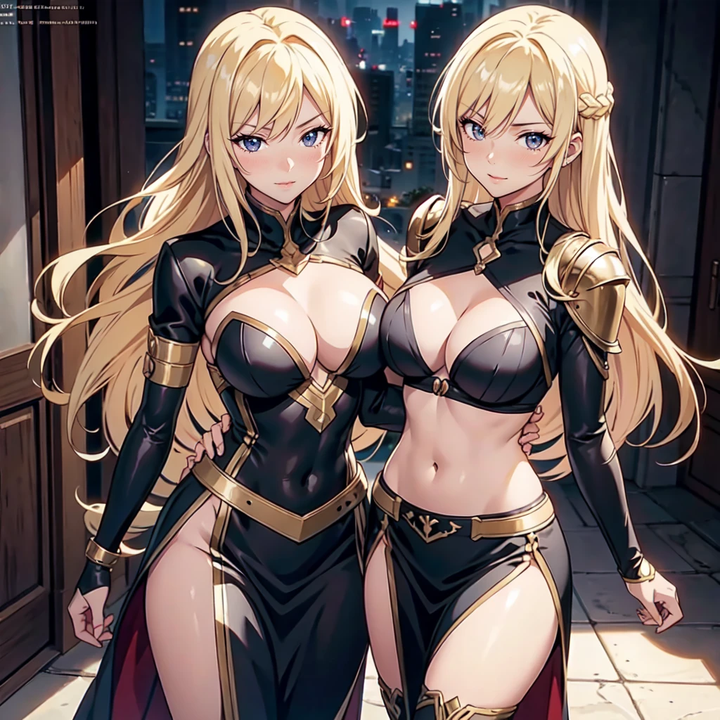 エレガントなMature Woman, beautiful, Two people, Two ,smile,Long Hair,Mature Woman,compensate,eyelash,blush, lipstick, masterpiece, Highest quality, Very detailed, Blonde,Black Hair,Fantasy , a Anime in armored dress holding a sword
posing for a picture, evil smile, Open your mouth, breastplate with open Cleavage, Cleavage, warrior outfit, Naughty anime style, Anime, Naughty style, (Browsing Caution) Not safe at work, Naughty, Digital anime art!!, Anime Style, Official artwork, Visual Novel CG, beautiful anime girl, Anime Style 4k , Loincloth, Exposed abdomen, Exposed navel, Exposed abdomen, Exposed underbelly, Pencil Skirt Armor, city,inside city