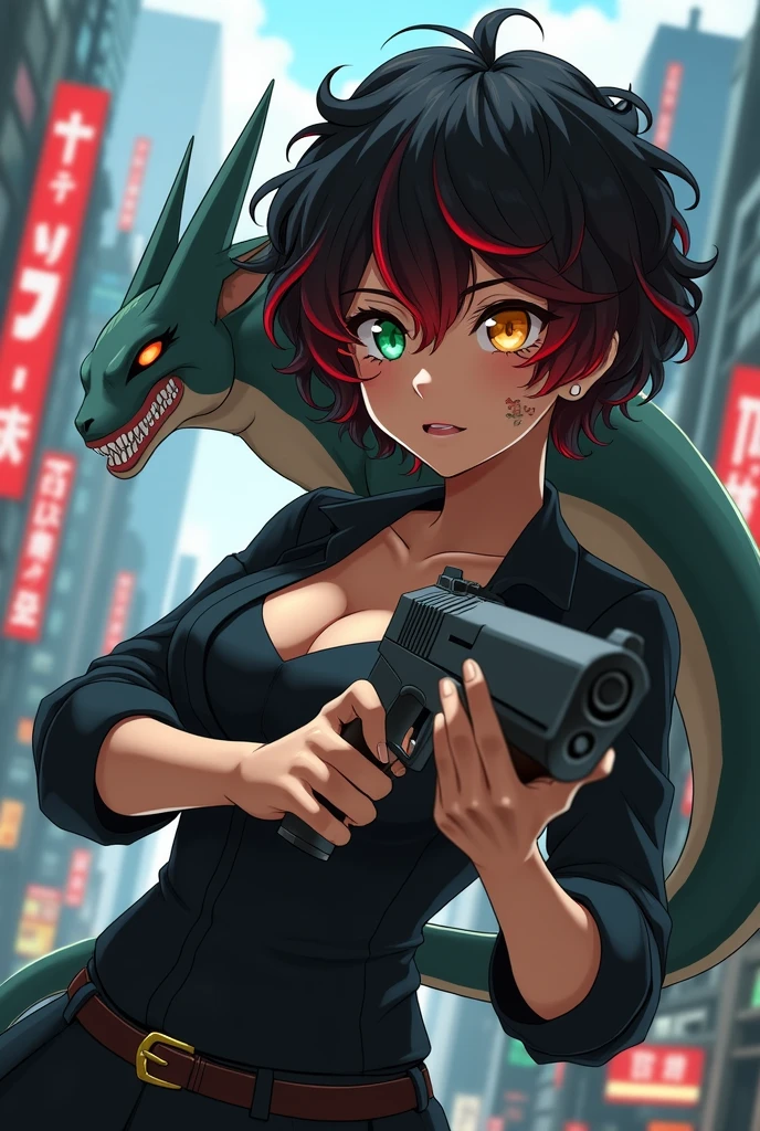 Girl character set in jujutsu kaisen with short black curly hair with red, one eye is green and the other eye is orange, light brown complexion, somewhat large chest, with a gun, scar on face and a mythological creature on the back along with the city of Japan