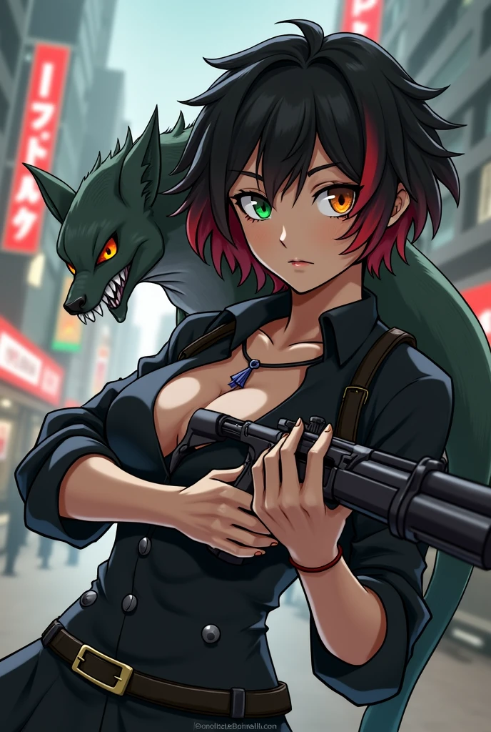 Girl character set in jujutsu kaisen with short black curly hair with red, one eye is green and the other eye is orange, light brown complexion, somewhat large chest, with a gun, scar on face and a mythological creature on the back along with the city of Japan