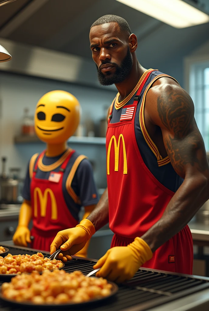 Make curry and lebron james together as mcdonalds workers in front of cooking grill , with the United States shirt
