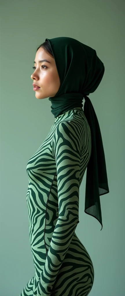 The beautiful,slender thin and clever asian muslimah adult female girl with beautiful and shiny cheeks wears calm green zebra print lycra turtleneck unitard catsuit covered with stripes and calm green zebra print lycra elastane stretchy dancewear hijab covered with stripes.