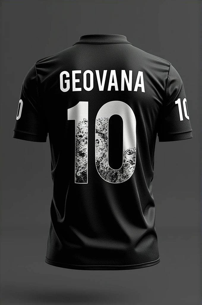 Create front and back team jersey design images with black color with white shaded snow leopard design highlighted, name on the back of the shirt Geovana and the number 10