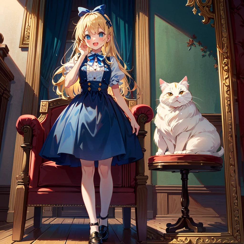 {{{(((Very cute pose,)))}}}, (((highest quality))), (((super detailed))), (((clear) )), (( (masterpiece) 8K) ))), Alice in Wonderland In a very beautiful castle, the Queen of Hearts sits in a luxurious chair, Alice holds a fat cat with a wide open mouth and a smile, ((Alice in Wonderland (blonde) ,  girl, blue ribbon, Alice's clothes, long hair)), small, young, small breasts), round face, girl: 1.25), (baby face), short limbs, Alice standing in front of the Queen of Hearts,