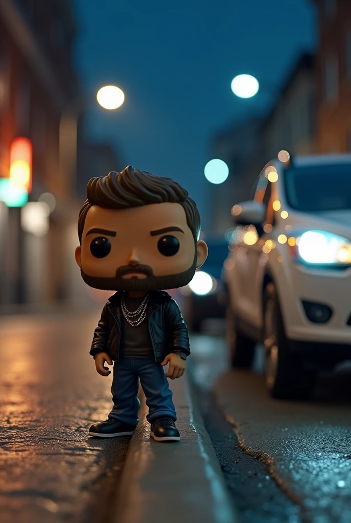Create a funko pop of a 2 boy with a goatee and a bit of a mustache with a chain that also shows a gray Ford Kuga from 2013 and a street in the background at night so the car can be seen well.