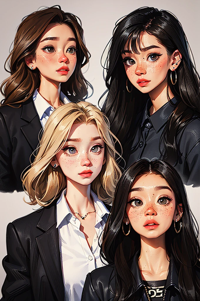 hair: long and curly, black in color. eye color: hazel or russet in color. eyeballs: big and expressive. skin: slightly tan in tone with freckles under the eyes. height: slightly shorter than average (5'2"). clothing style: business casual. clothing color: dark colors. Add accessories such as many ear piercings or nose piercings.