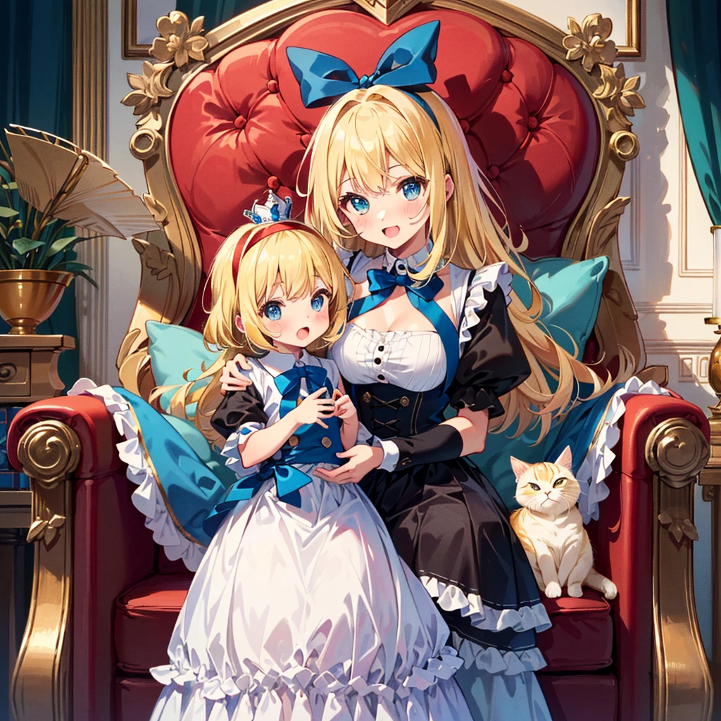 {{{(((Very cute pose,)))}}}, (((highest quality))), (((super detailed))), (((clear) )), (( (masterpiece) 8K) ))), Alice in Wonderland In a very beautiful castle, the Queen of Hearts sits in a luxurious chair, Alice holds a fat cat with a wide open mouth and a smile, ((Alice in Wonderland (blonde) ,  girl, blue ribbon, Alice's clothes, long hair)), small, young, small breasts), round face, girl: 1.25), (), short limbs, Alice standing in front of the Queen of Hearts,