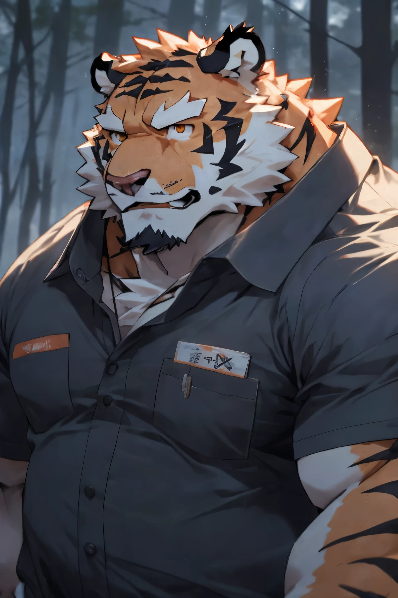 construction place, male,40 years old,Uncle, solitary, ((Round Face, The face is plump,Orange eyes, scars)), ((Endomorph, Handsome,Hot Blood)), (construction worker suit,No electricity,exhaustion), ((domestic tiger, tiger,) Fluffy fur, Fluffy), Bokeh, (high quality, high resolution, masterpiece), (Dynamic Lighting, Vibrant colors), (Revitalize,harm,Disdain), Full body picture (close up), cartoon, author:Takemoto Arashi, From zixiong, By Chunni, author:Empty Ghost,(background:Rainy forest)(by bontiage:1), ultra-detailed, portrait, cinematic lighting, dramatic shadows, moody lighting, gritty, rugged, muscular, grease stained, dirty, mucky, greasy, rough, mature, intense expression, piercing gaze.