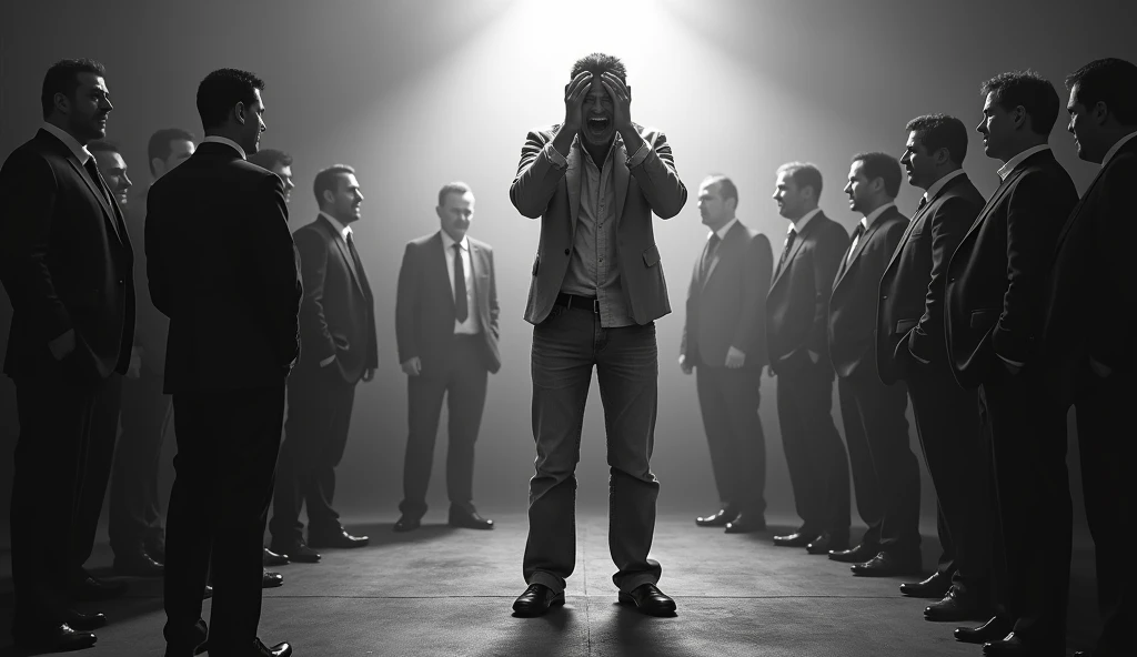 A twisted dramatic scene from A person who never succeeds in his job, desperate with his hands on his head screaming, wearing poor clothes, successful people wearing suit and tie around,  the whole scene in black and white, the person in the spotlight with the colorful outfit.