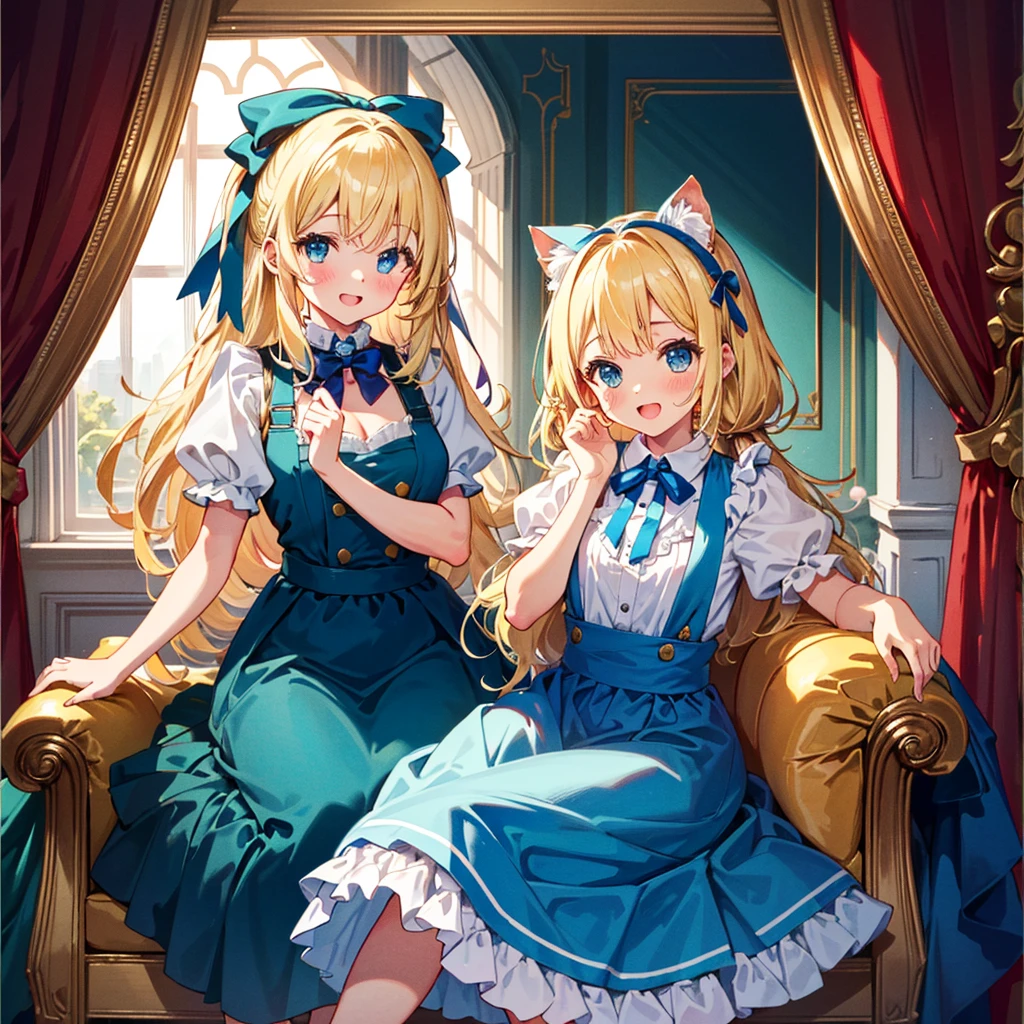{{{(((Very cute pose,)))}}}, (((highest quality))), (((super detailed))), (((clear) )), (( (masterpiece) 8K) ))), Alice in Wonderland In a very beautiful castle, the Queen of Hearts sits in a luxurious chair, Alice holds a fat cat with a wide open mouth and a smile, ((Alice in Wonderland (blonde) , girl, blue ribbon, Alice's clothes, long hair)), small, young, small breasts), round face, girl: 1.25), (), short limbs, Alice standing in front of the Queen of Hearts,