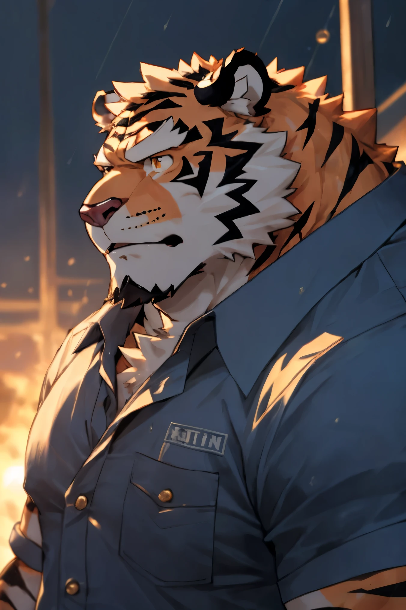 construction place, male,40 years old，Uncle， solitary, ((Round Face, The face is plump,Orange eyes, scars)), ((Endomorph, Handsome，Hot Blood)), （construction worker suit，No electricity，exhaustion), ((domestic tiger, tiger，) Fluffy fur, Fluffy), Bokeh, (high quality, high resolution, masterpiece), (Dynamic Lighting, Vibrant colors), (Revitalize，harm，Disdain), Full body picture (close up), cartoon, author：Takemoto Arashi, From zixiong, By Chunni, author：Empty Ghost，（background：Rainy forest）(by bontiage:1), ultra-detailed, portrait, cinematic lighting, dramatic shadows, moody lighting, gritty, rugged, muscular, grease stained, dirty, mucky, greasy, rough, mature, intense expression, piercing gaze.
