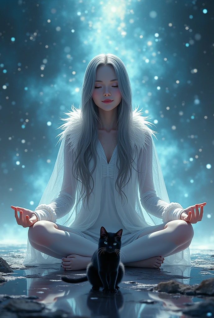 (masterpiece:1.2),Highest quality ,(meditation:1.1), cyber punk, alone,足を組んでmeditationする,Long Hair, In front of the shining universe, Dynamic Action,Cyber Feather Coat,transparent,close your eyes,smile, With a walking black cat