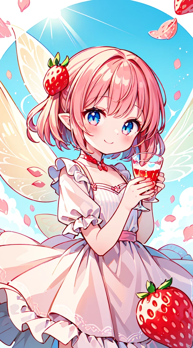 ((Illustration of a whimsical strawberry milk fairy with delicate wings, wearing a dress made of strawberry petals and holding a tiny glass of strawberry milk. The fairy is surrounded by floating strawberries and sparkling milk droplets, with a mischievous smile on her face.