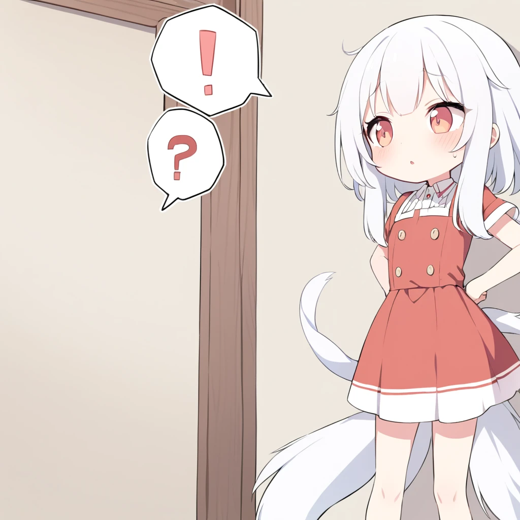 white hair，Double tail，Confuse，Little Lori，Standing at the corner，question mark