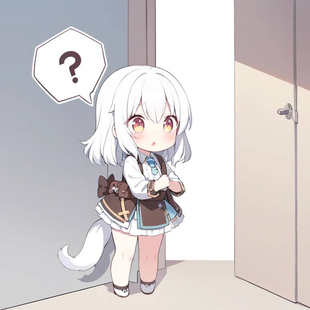 white hair，Double tail，Confuse，Little Lori，Standing at the corner，question mark